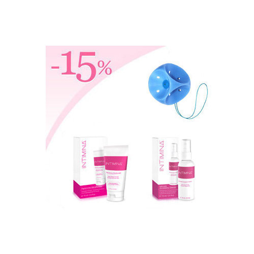 Pessaire cube perforé avec bouton + hydratant lubrifiant féminin Intimina + Nettoyant Intimina