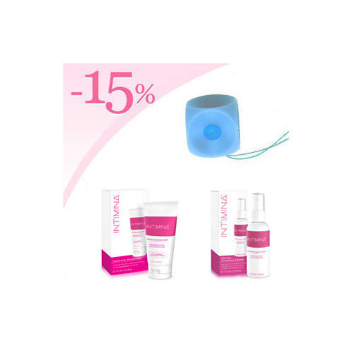 Pessaire cube avec bouton, non-perforé + hydratant lubrifiant Intimina + nettoyant Intimina