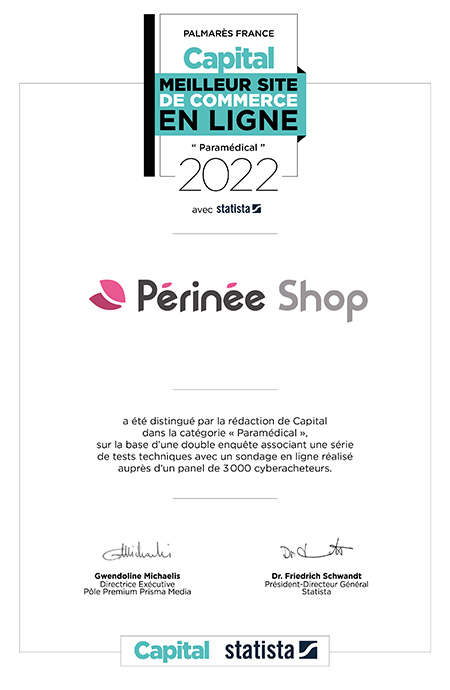 Certificat PérinéeShop pour le meilleur site e-commerce 2022 catégorie 
